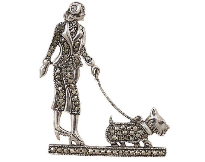 Antique Inspired Lady Walking Scottie Dog Marcasite Brooch 925 Sterling Silver