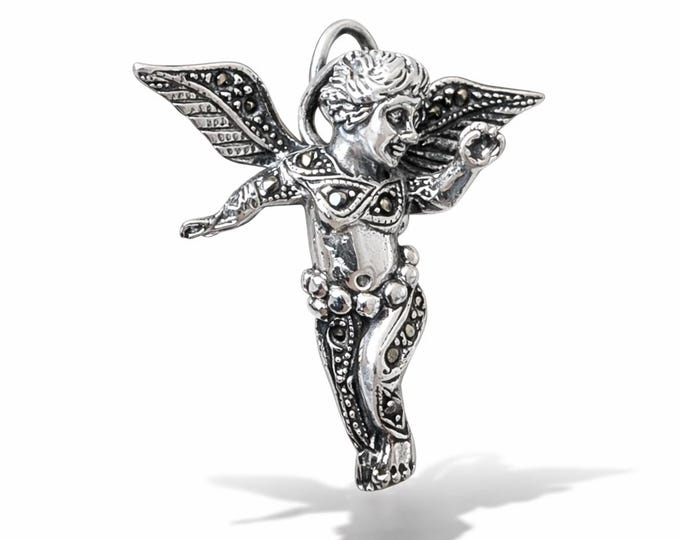 925 Sterling Silver Cherub Angel Pendant Vintage Style Marcasite Design, Guardian Angel Charm Necklace, Antique Inspired Jewelry
