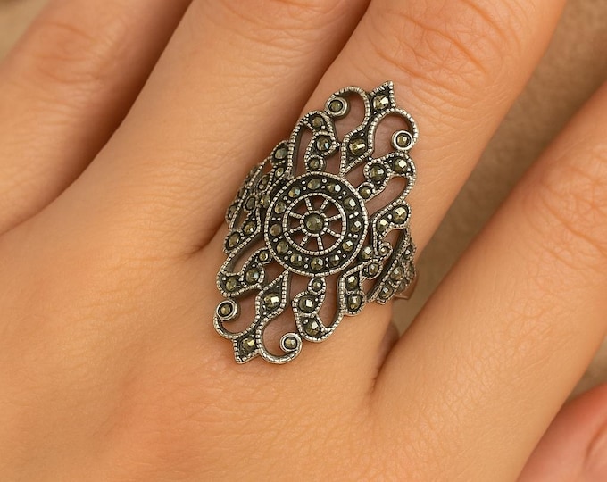 Vintage Style Sterling Silver Filigree Ring with Marcasite Accents Art Deco Statement Jewelry