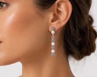 Art Deco Mother of Pearl Drop Earrings, Marcasite 925 Sterling Silver