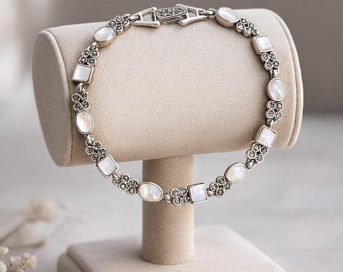 Art Deco Sterling Silver Bracelet, Mother of Pearl & Marcasite Accents