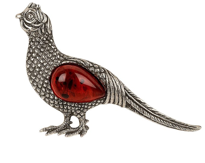 Art Nouveau Inspired Amber and Ruby Butterfly Pendant Brooch 925 Sterling Silver