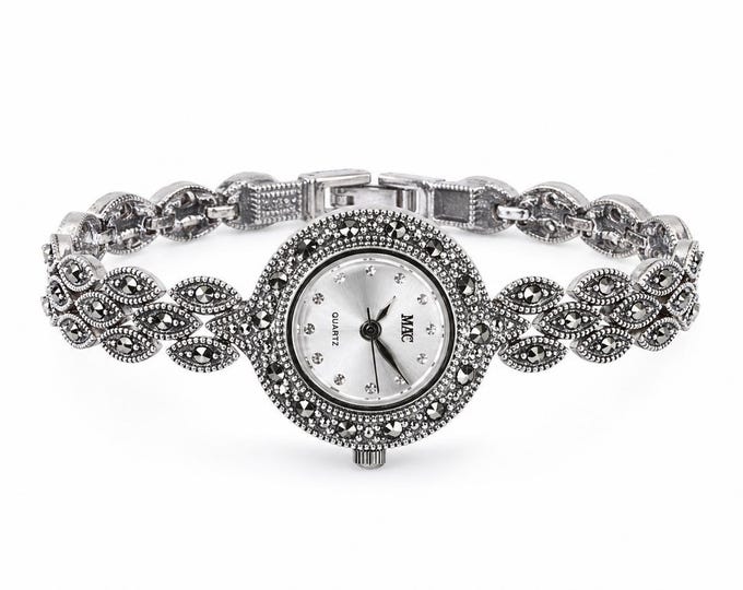 Vintage Marcasite Sterling Silver Bracelet Watch, Elegant Women’s Dress Watch
