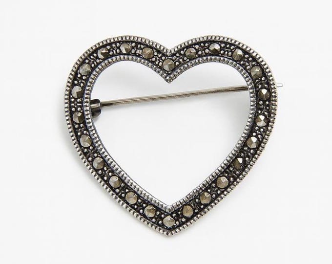 Vintage Heart Marcasite Brooch in Sterling Silver Art Deco Open Heart Pin, Classic Romantic Jewelry Gift for Her