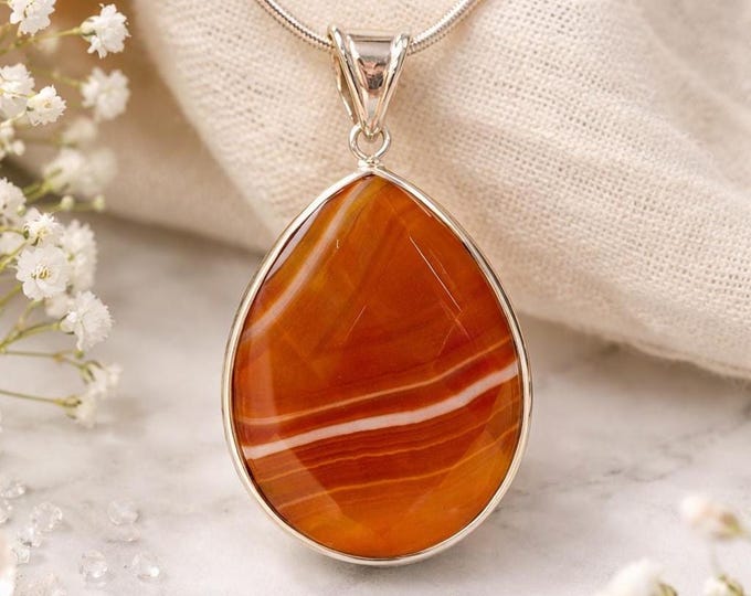 Large Agate Tear Drop Pendant 925 Sterling Silver