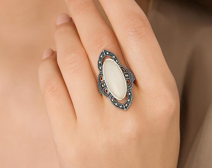 Art Deco Style Marcasite and Mother of Pearl Ring 925 Sterling Silver