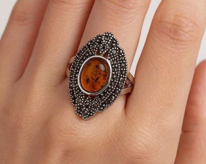 Vintage Style Amber and Marcasite Ring 925 Sterling Silver Oval Gemstone Statement Cocktail Ring, Boho Jewelry Gift for Her