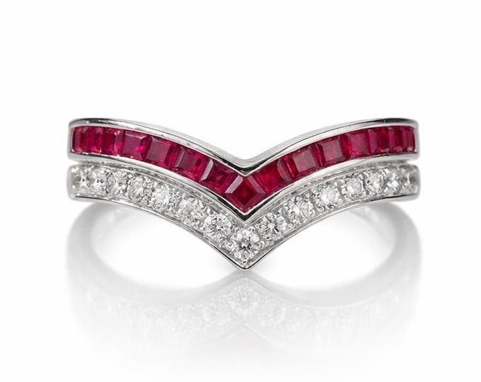 French Cut Ruby Diamond 14 Karat White Gold Chevron Contour Band Ring