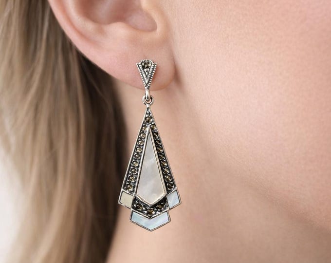 Art Deco Inspired 925 Sterling Silver Mother of Pearl and Marcasite Dangle Earrings