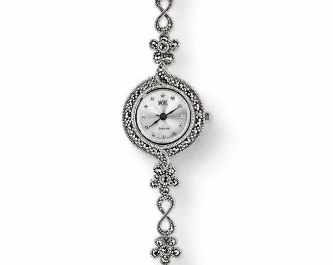 Vintage Marcasite Sterling Silver Bracelet Watch, Elegant Women’s Dress Watch