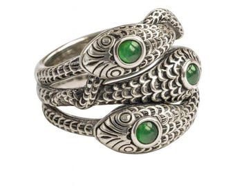 925 Sterling Silver Snake Ring with Emerald Stone Eyes Vintage Serpent Jewelry Statement Ring