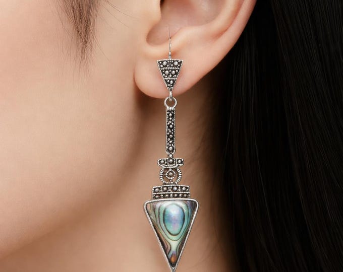 Art Deco Inspired Abalone Shell and Marcasite 925 Sterling Silver Earrings