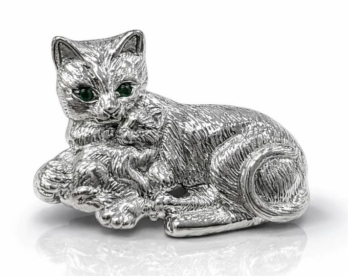 Antique Style Cat Kitten Emerald Eyes Brooch 925 Sterling Silver
