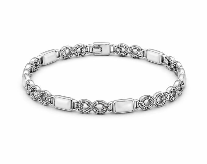 Art Deco Sterling Silver Bracelet, Mother of Pearl, Coral, Abalone & Marcasite