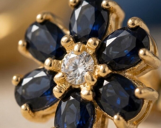 Natural Sapphire Flower Stud Earrings 925 Sterling Silver