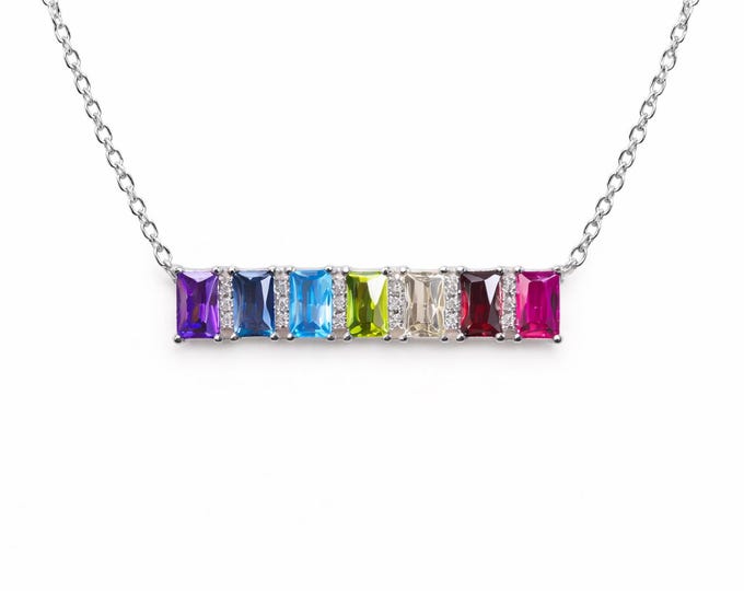 Rainbow Gemstone Bar Necklace 925 Sterling Silver Multicolor Necklace