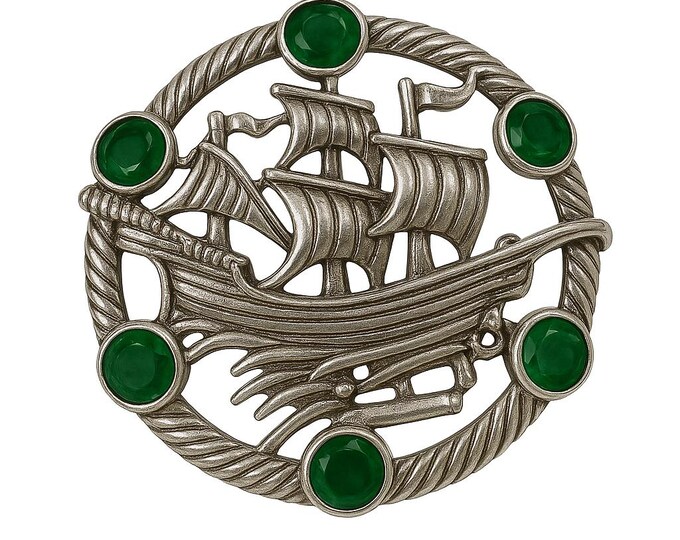 Antique Inspired Ruby and Emerald Ship Pendant Brooch 925 Sterling Silver