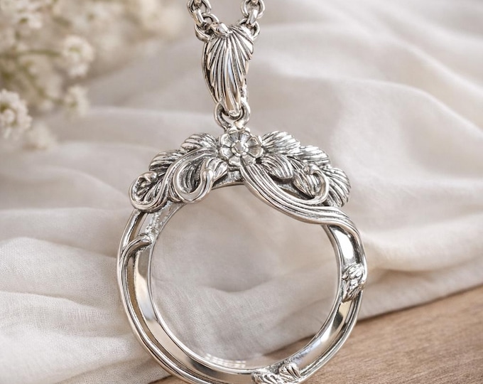 Art Nouveau Inspired Collectable Floral Magnifying Glass Pendant 925 Sterling Silver