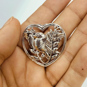 Antique Inspired Bird Floral Heart Brooch Collectable 925 Sterling Silver