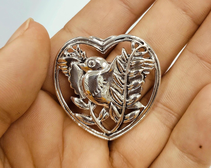Antique Inspired Bird Floral Heart Brooch Collectable 925 Sterling Silver