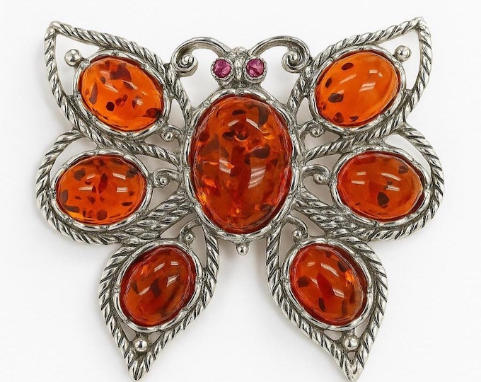Art Nouveau Inspired Amber and Ruby Butterfly Pendant Brooch 925 Sterling Silver