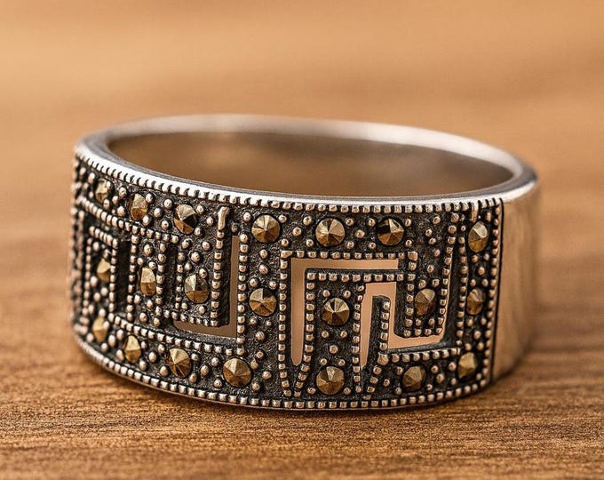 Vintage Style Sterling Silver Ring with Marcasite Accents Art Deco Statement Jewelry