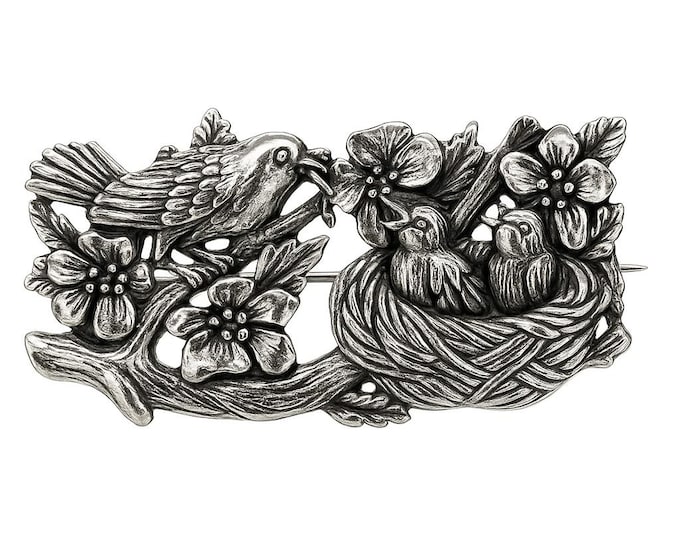 925 Sterling Silver Bird and Nest Brooch Mother Bird Feeding Chicks on Branch with Flowers, Nature-Inspired Vintage Style Pin