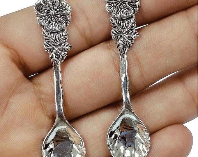 Antique and Vintage Style Floral Pair of Salt Spoons 925 Sterling Silver Collectible Spoons, Miniature Spoons