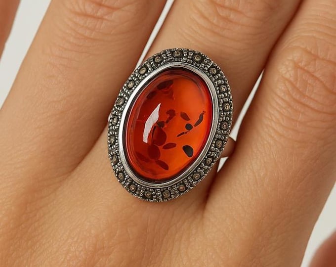 Vintage Style Amber and Marcasite Ring 925 Sterling Silver Oval Gemstone Statement Cocktail Ring, Boho Jewelry Gift for Her
