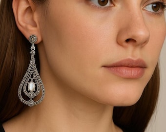 Art Deco Mother of Pearl Marcasite Sterling Silver Earrings