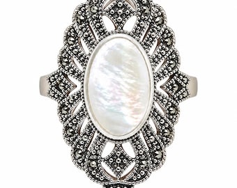 Art Deco Style 925 Sterling Silver Ring, Mother of Pearl & Marcasite