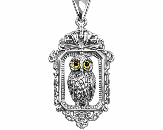 Antique Inspired Owl Glass Eye Pendant 925 Sterling Silver