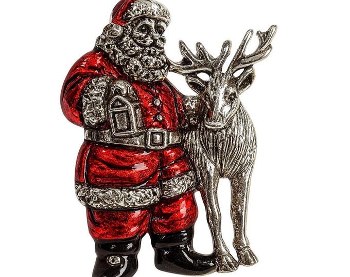 Vintage Santa Claus Reindeer Brooch Christmas Holiday Jewelry Festive Red Enamel Pin Winter Xmas Gift for Her Collectible Lapel Pin