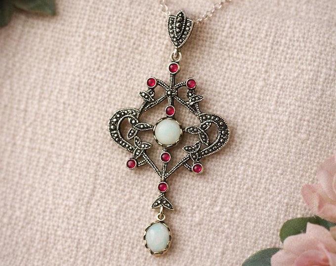 Antique Style Gilson Opal, Ruby and Marcasite Pendant 925 Sterling Silver