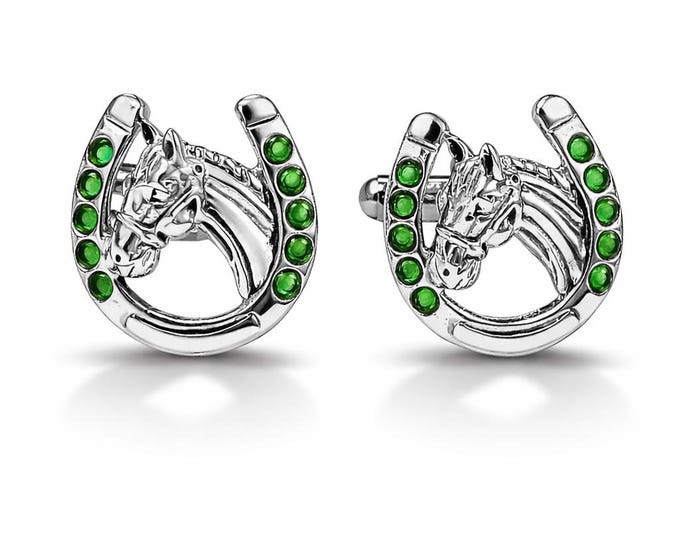 Antique Style Horse Shoe Emerald and Ruby 925 Sterling Silver Cuff Links Mens Gift