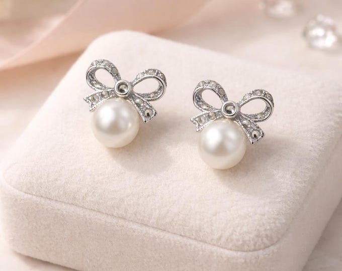 Faux Pearl Bow Earrings, Marcasite 925 Sterling Silver Studs