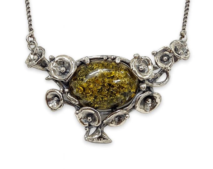 Art Nouveau Style Floral Oval Green Amber Pendant Necklace 925 Sterling Silver
