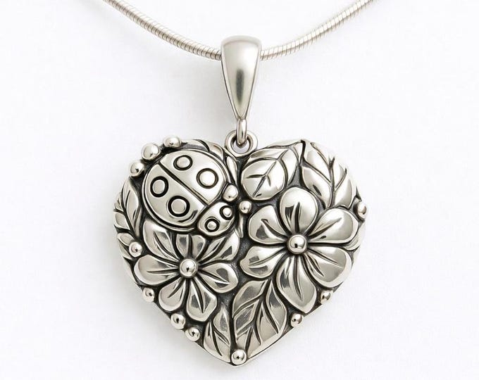 925 Sterling Silver Heart Locket Floral and Ladybug Design, Nature-Inspired Jewelry, Gift for Her