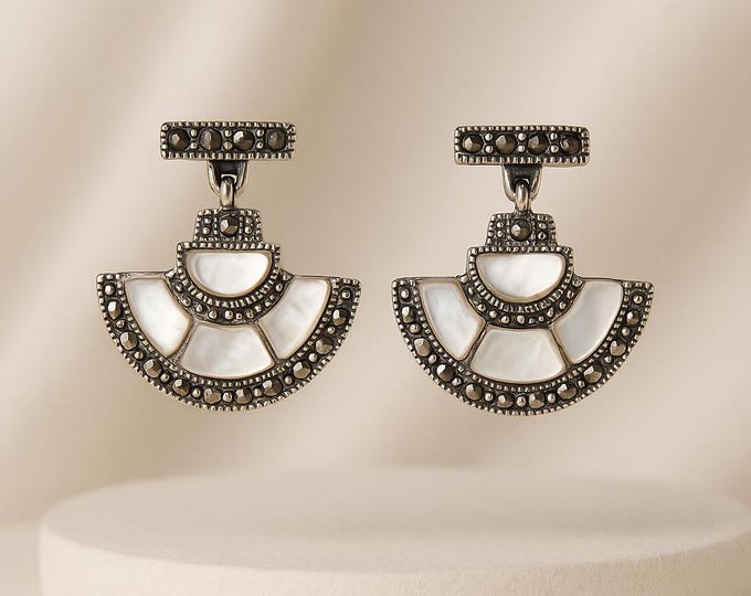 Art Deco Inspired Half Moon Marcasite 925 Sterling Silver Earrings