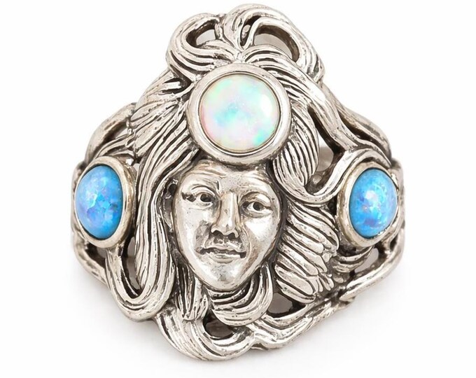 Antique Style Blue and White Gilson Opal Medusa Ring 925 Sterling Silver