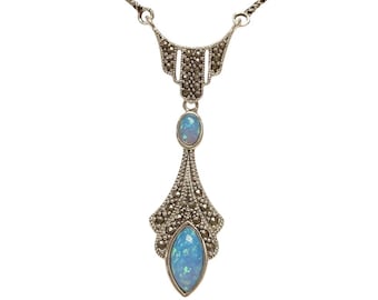 Art Deco Inspired White Blue Gilson Opal and Marcasite Pendant 925 Sterling Siver