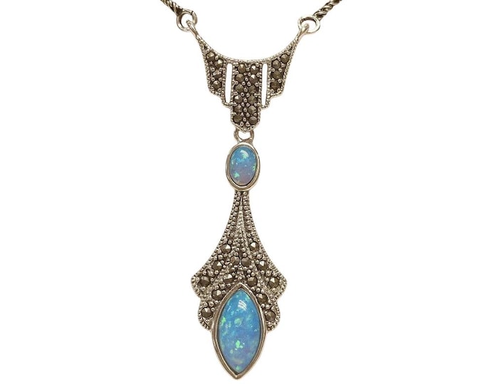 Art Deco Inspired White Blue Gilson Opal and Marcasite Pendant 925 Sterling Siver