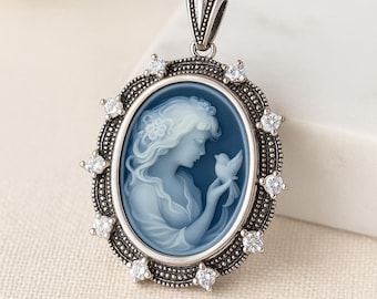 Silver Plated Cameo Pendant Necklace, Marcasite CZ Accents, Victorian Jewelry