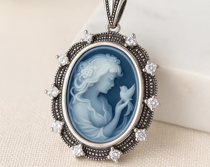 Vintage Style Silver Plated Cameo Pendant Necklace Oval Lady Profile with Marcasite and CZ Accents Victorian Inspired Statement Jewelry