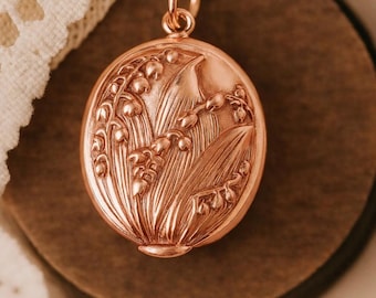 Art Nouveau Lily of the Valley Locket, Rose Plated 925 Sterling Silver
