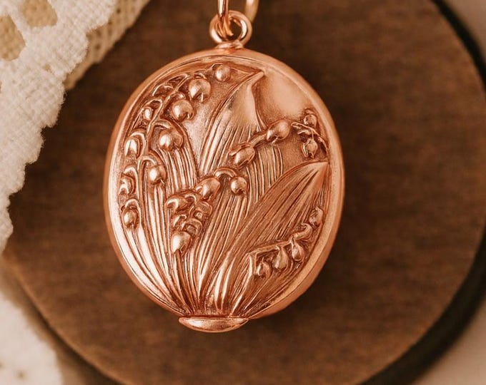 Art Nouveau Lily of the Valley Locket, Rose Plated 925 Sterling Silver