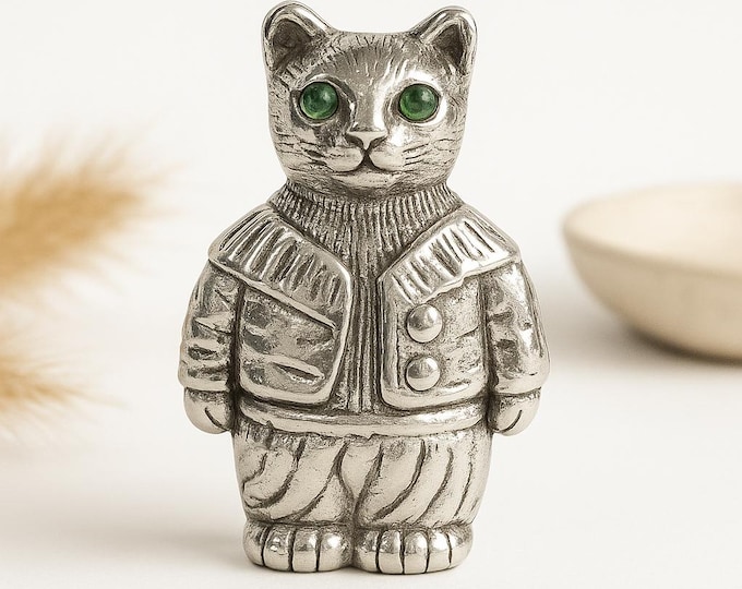 Antique Inspired Cat Pin Cushion Emerald Eyes 925 Sterling Silver