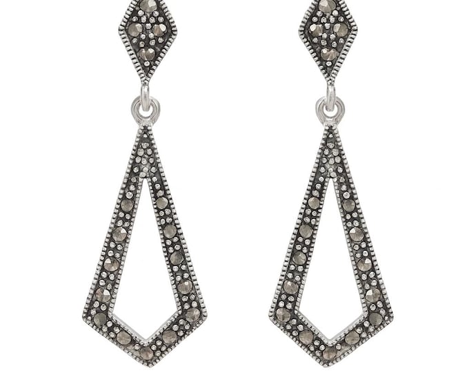 Art Deco Marcasite Drop Earrings 925 Sterling Silver Vintage Style Dangle Earrings Antique Inspired Statement Jewelry Gift