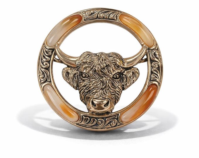 Antique Inspired Bull Brooch Pendant 925 Sterling Silver