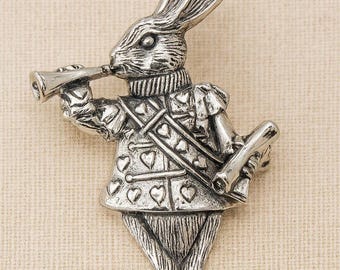 925 Sterling Silver Rabbit Trumpet Brooch Wonderland Bunny Pin Fairytale Jewelry Gift